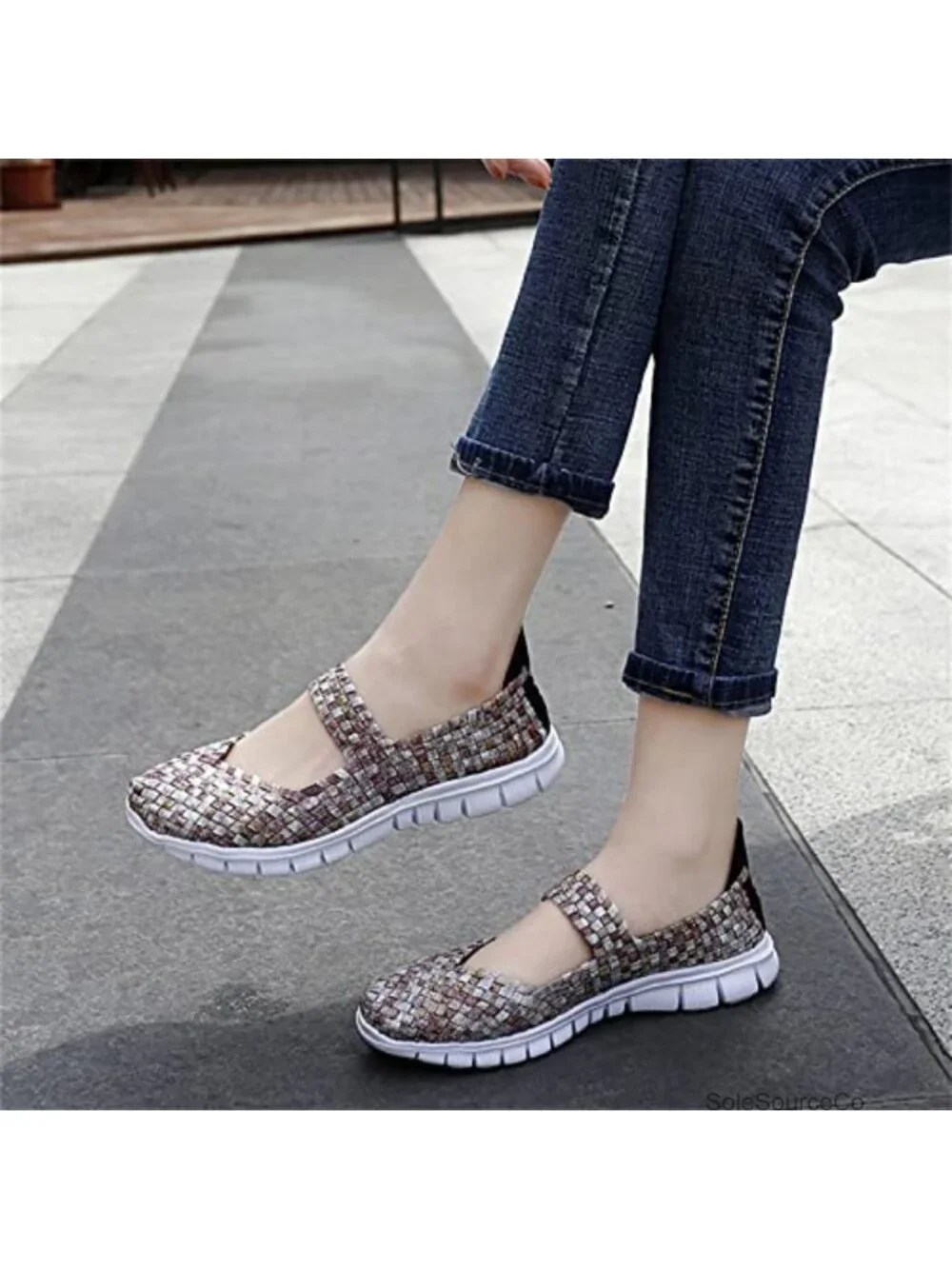 Mary Jane Sneaker Flats Woven Elastic Wedge Walking Shoes